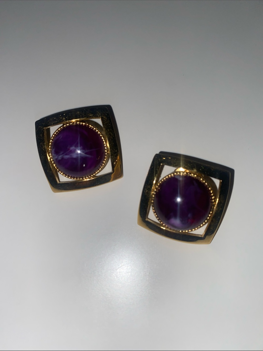 Gold-Tone Square Earrings with Purple Cabochon